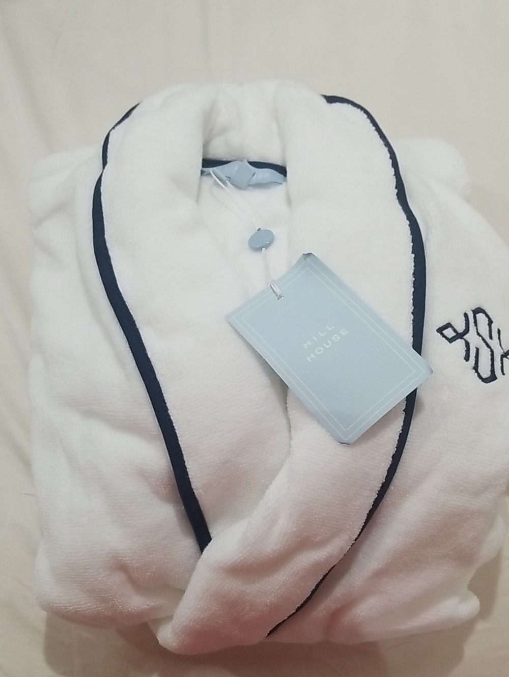 Hill House White hotel robe with Blue Trim